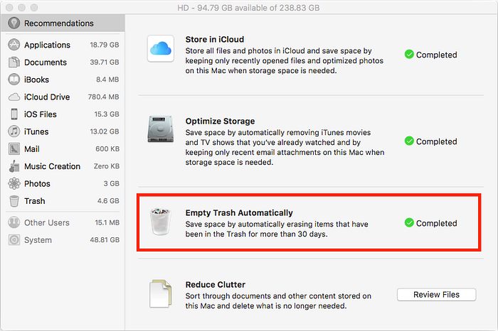 macOS Storage Management - Empty Trash Automatically
